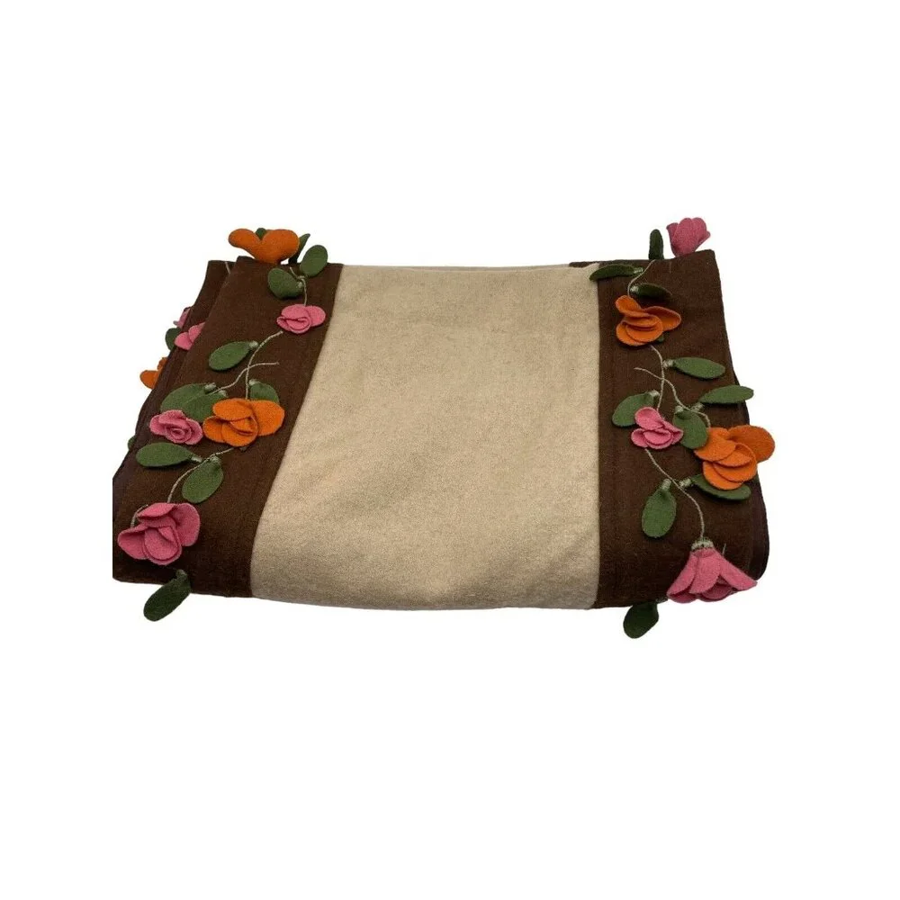 Pier 1 Imports Table Runner‎ Jardinia 14” X 69” 3D Fabric Flowers Brown Tan Wool